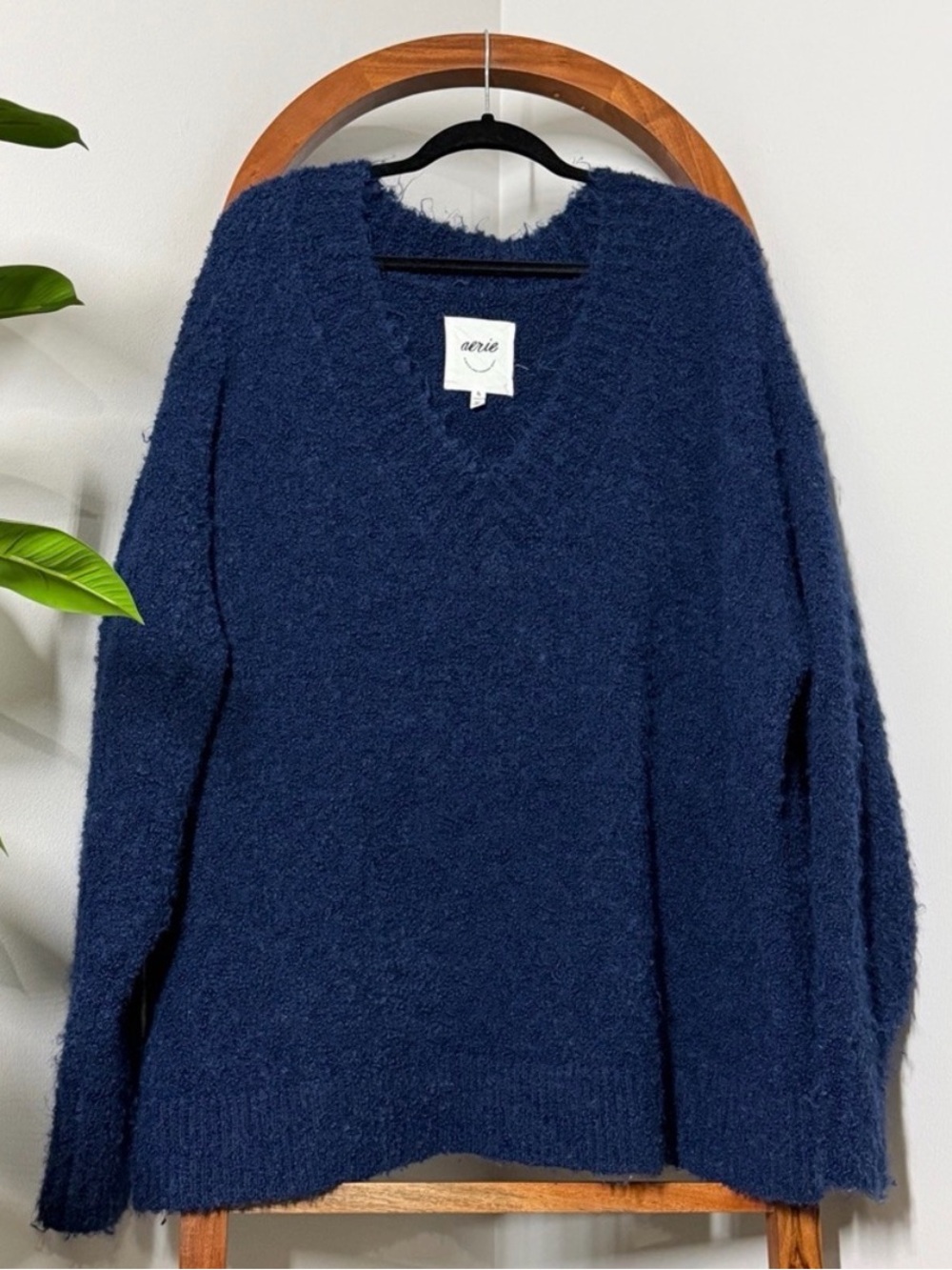 Aerie XL Blue Teddy Boucle V Neck Long Sleeve Cozy Wool Blend Oversized Sweater
